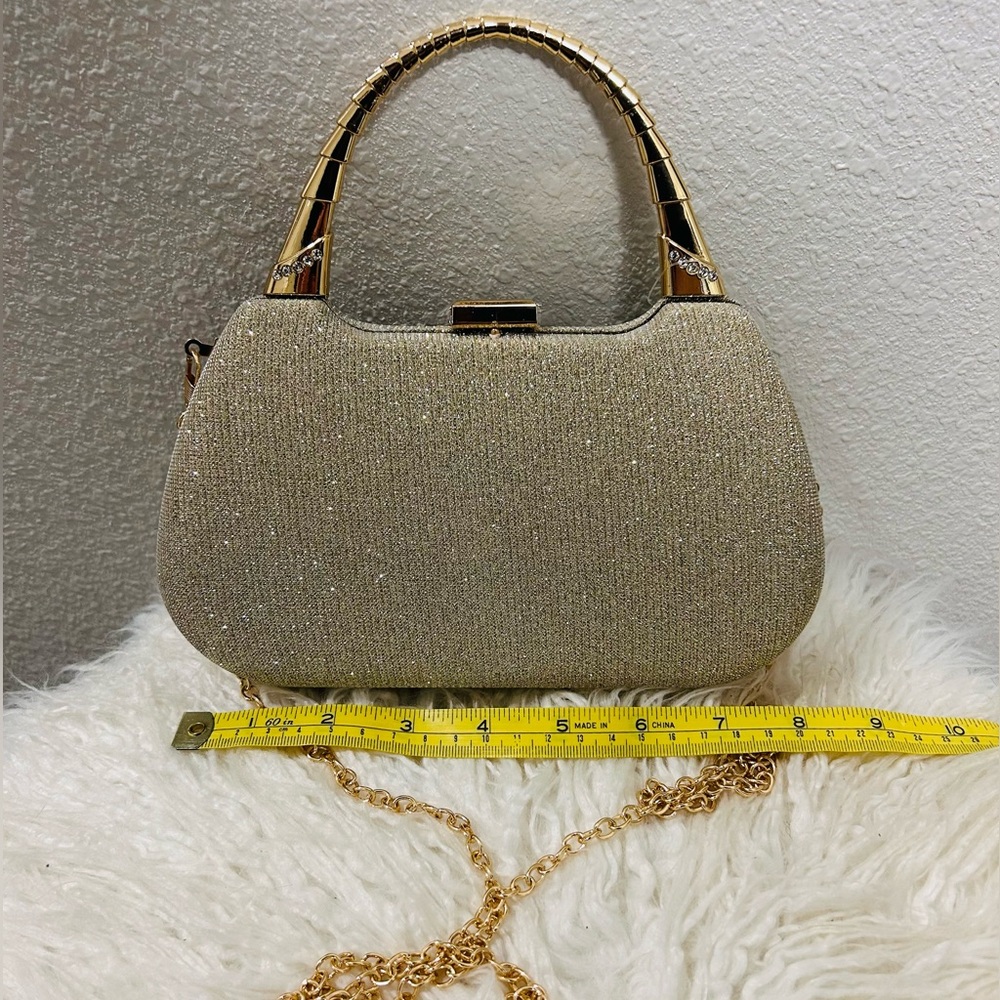Elegant Gold Shimmer Women's Handbag with Gold Crossbody Chain NWT - Picture 5 of 5